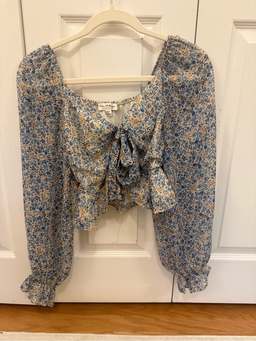 Blue and Cream Floral Tie-Front Blouse